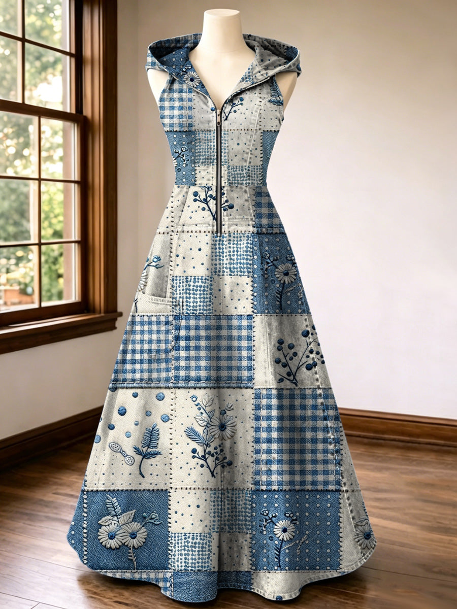 Retro Style Art Print Vintage V-Neck Hooded Zipper Maxi Dress